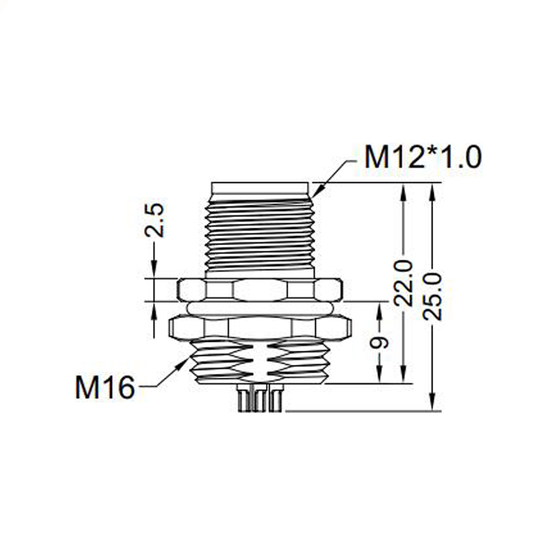 M12 4pins A code male straight rear panel mount connector M16 thread,unshielded,solder,brass with nickel plated shell